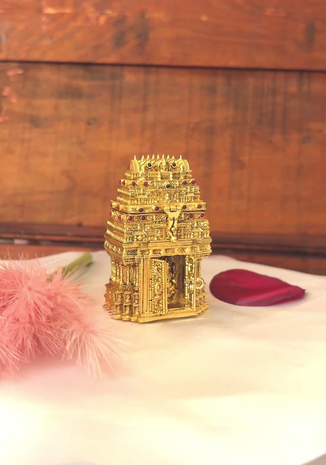 Temple Design Gopuram Kumkum Box | Ganesha Miniature Temple Gold Sindoor Box:GV-RG-S-K-092