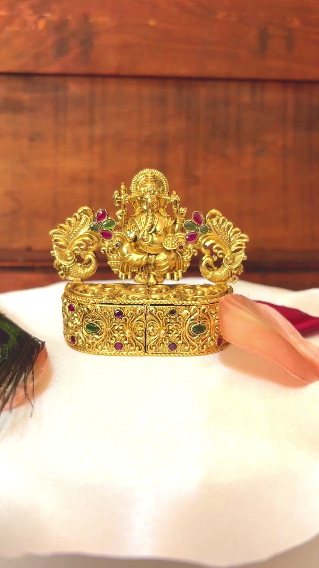 Lord Ganesha Twin Peacock Kumkum Box |  Ruby Emerald Hinged Sindoor Box: KU: GV-RG-S-K-077