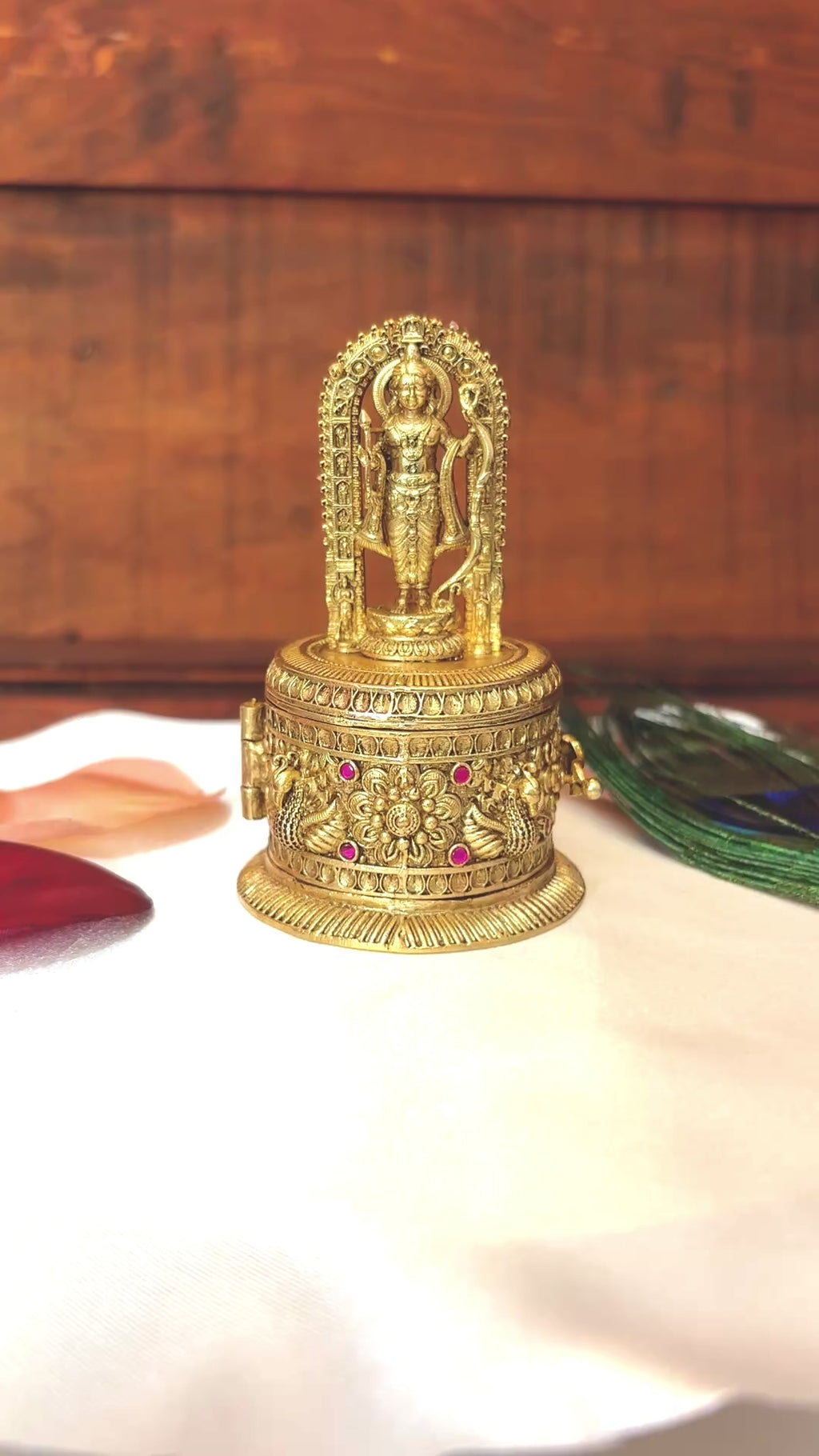 Lord Ram Circular Kumkum Box | Ram Arch Peacock Floral Gold Sindoor Box USA: GV-RG-S-K-097