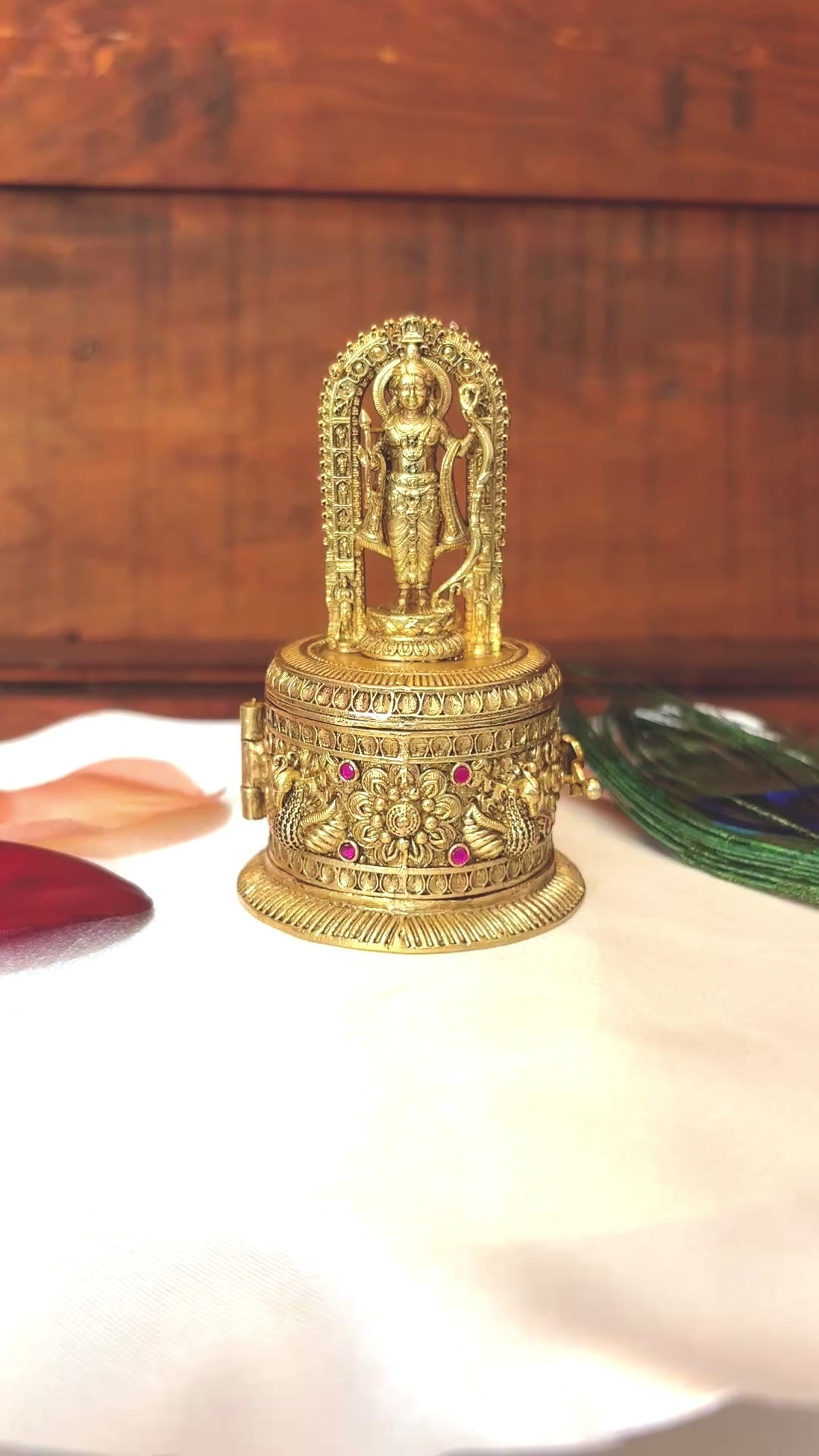 Lord Ram Circular Kumkum Box | Ram Arch Peacock Floral Gold Sindoor Box USA: GV-RG-S-K-097