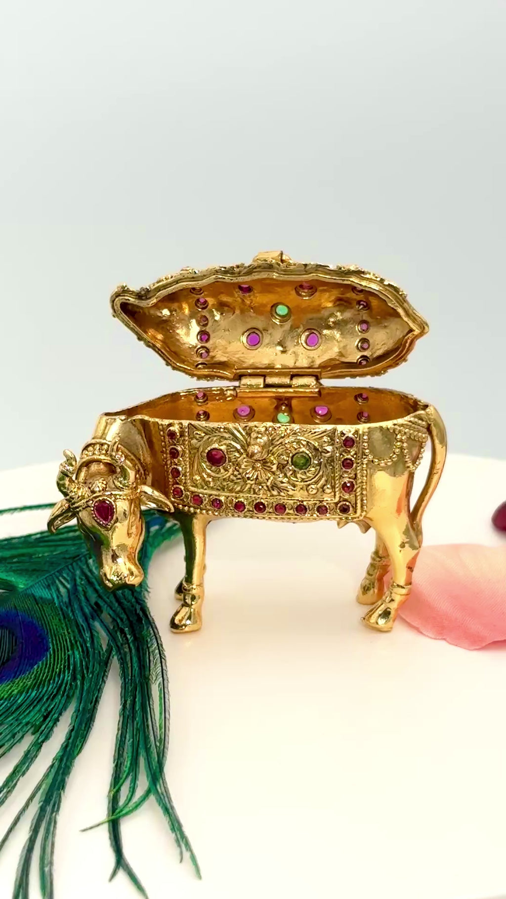 Kamadhenu Sacred Cow Kumkum Box | 24K Gold Ruby Emerald Gem Sindoor Box: GV-RG-S-K-094