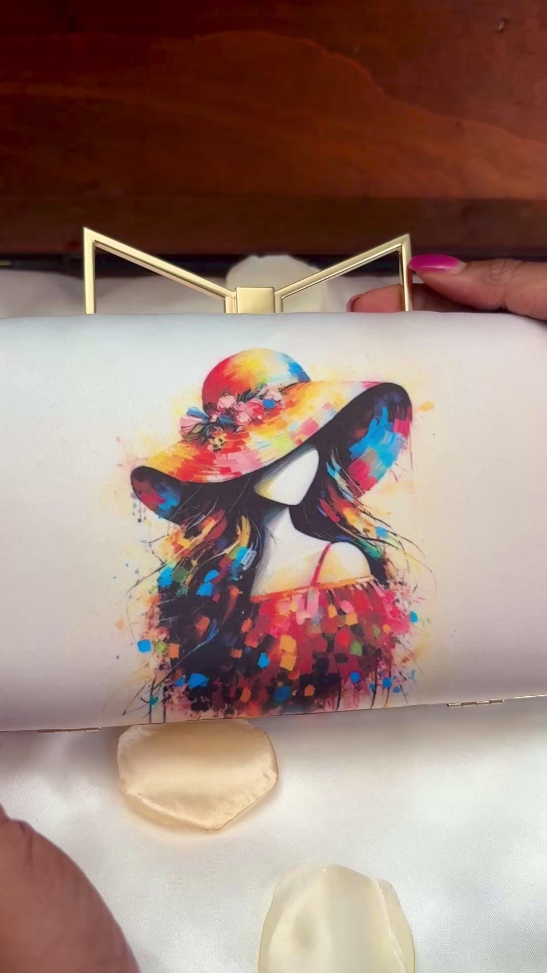 Watercolor Lady in a Hat Clutch Bag | Bow Clasp Box Clutch – GV-RG-S-BG-004
