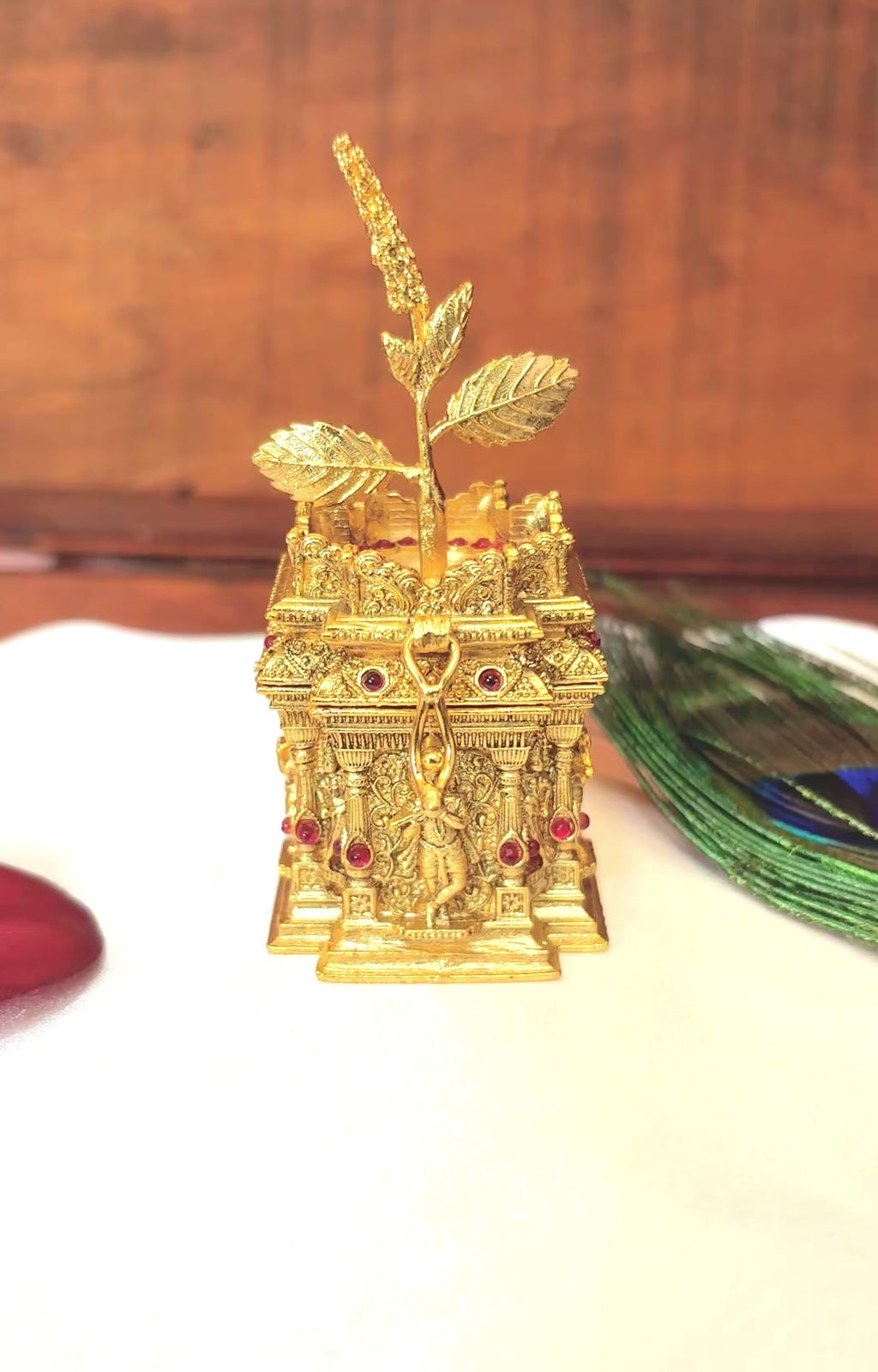 Tulasi Gopuram Kumkum Box | Sacred Vishnu Temple Tulsi Gold Sindoor Box: GV-RG-S-K-080