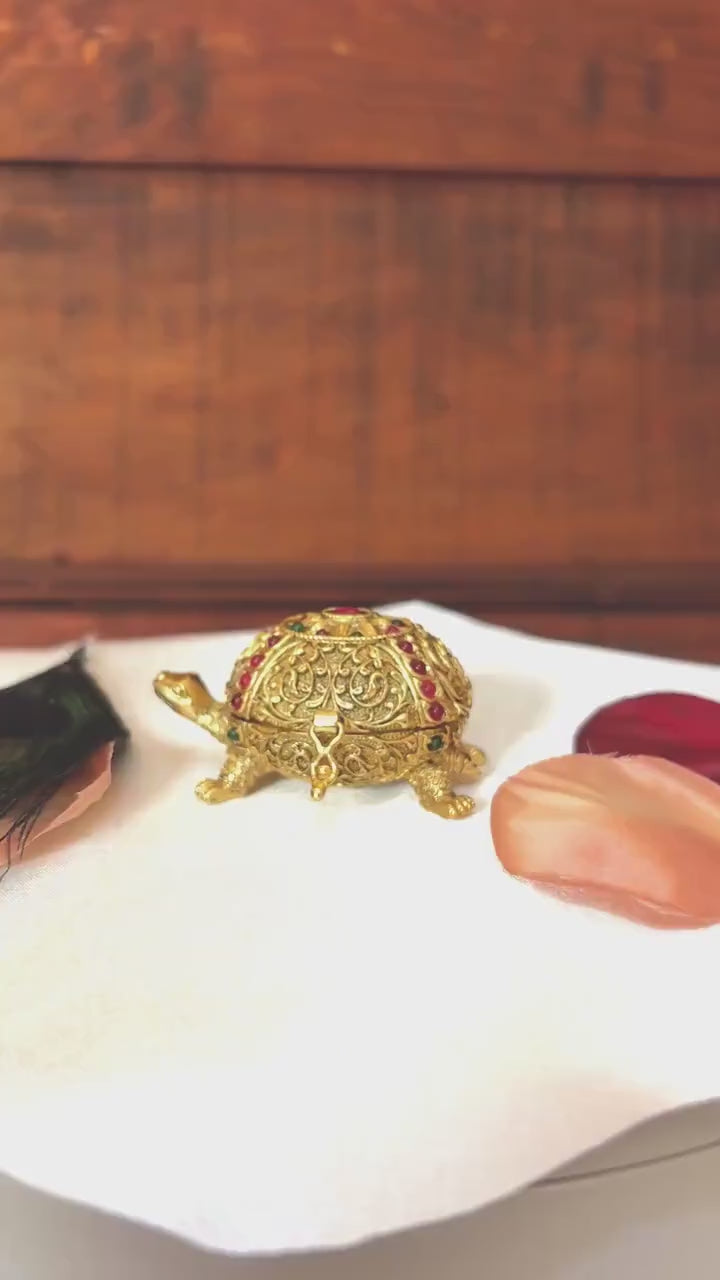 Kurma Tortoise Kumkum Box | Sacred Vishnu Avatar Gold Ruby Emerald Sindoor Box: GV-RG-S-K-098